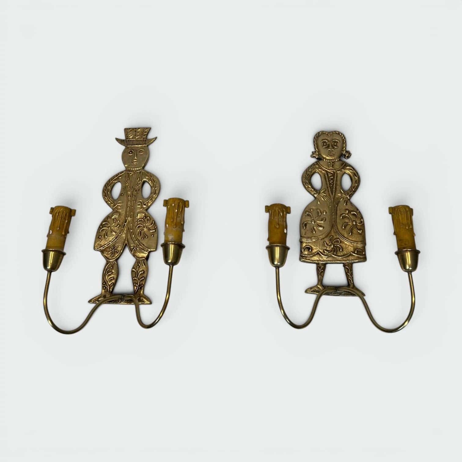 Pair of French 1950s Gilded Brass Figural Sconces - Front View - Styylish