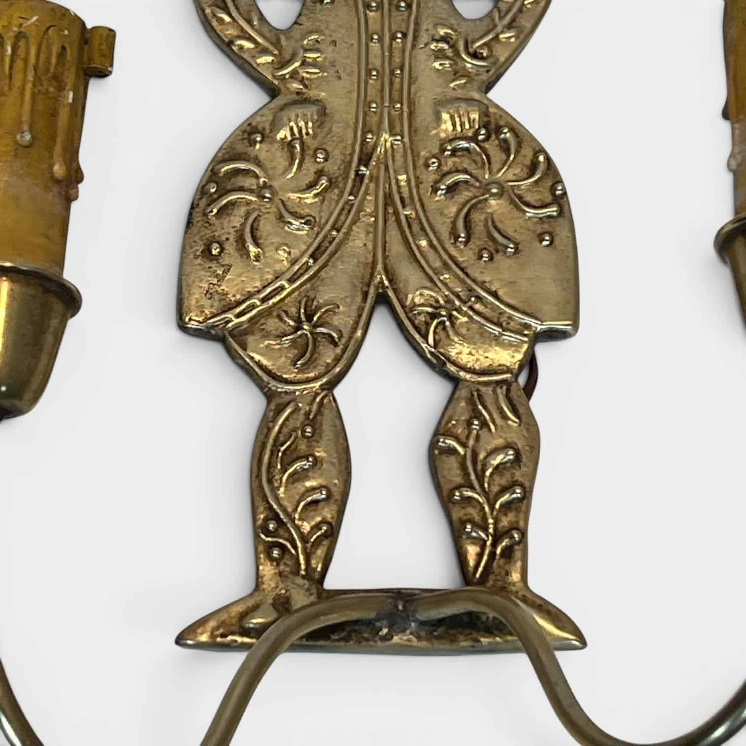 Pair of French 1950s Gilded Brass Figural Sconces - Gentleman Garments Detail - Styylish