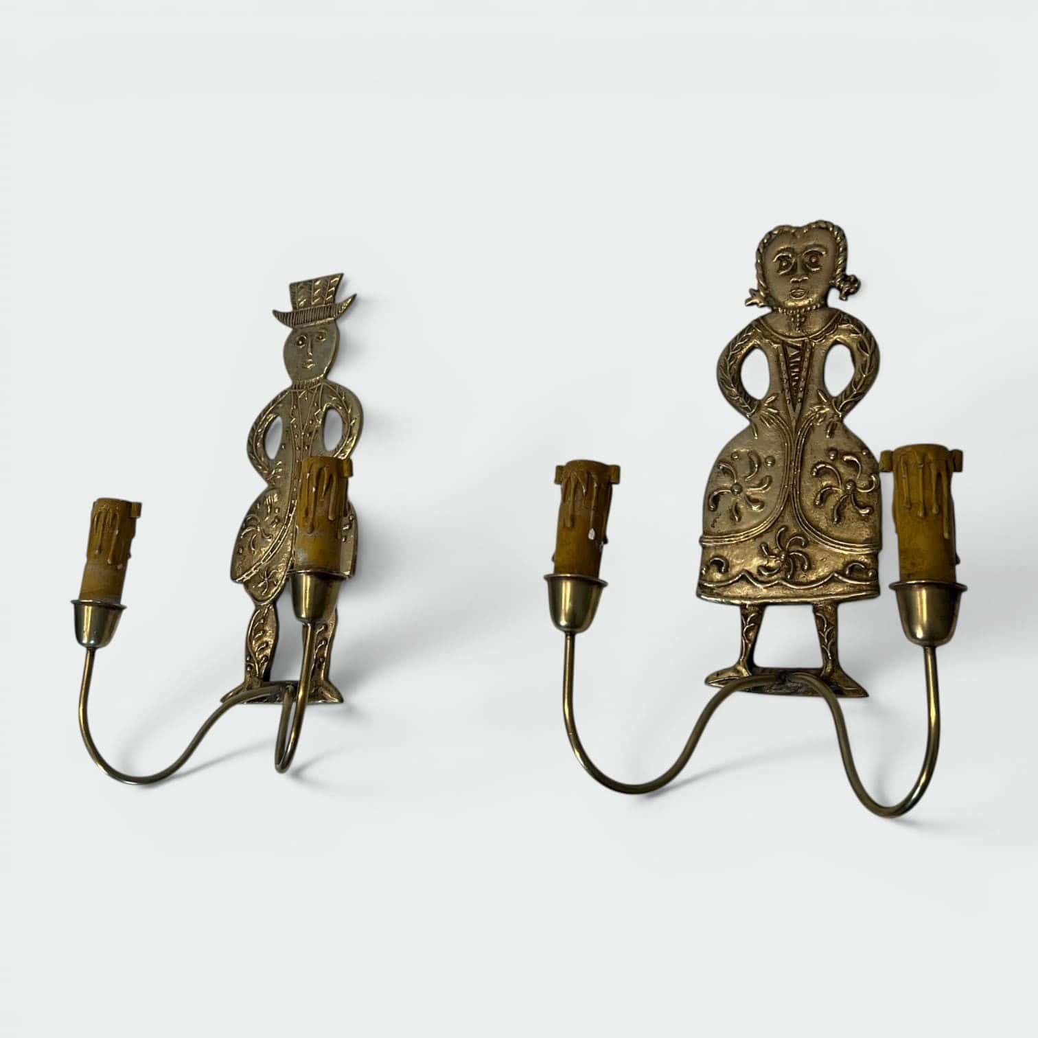 Pair of French 1950s Gilded Brass Figural Sconces - Wide View - Styylish