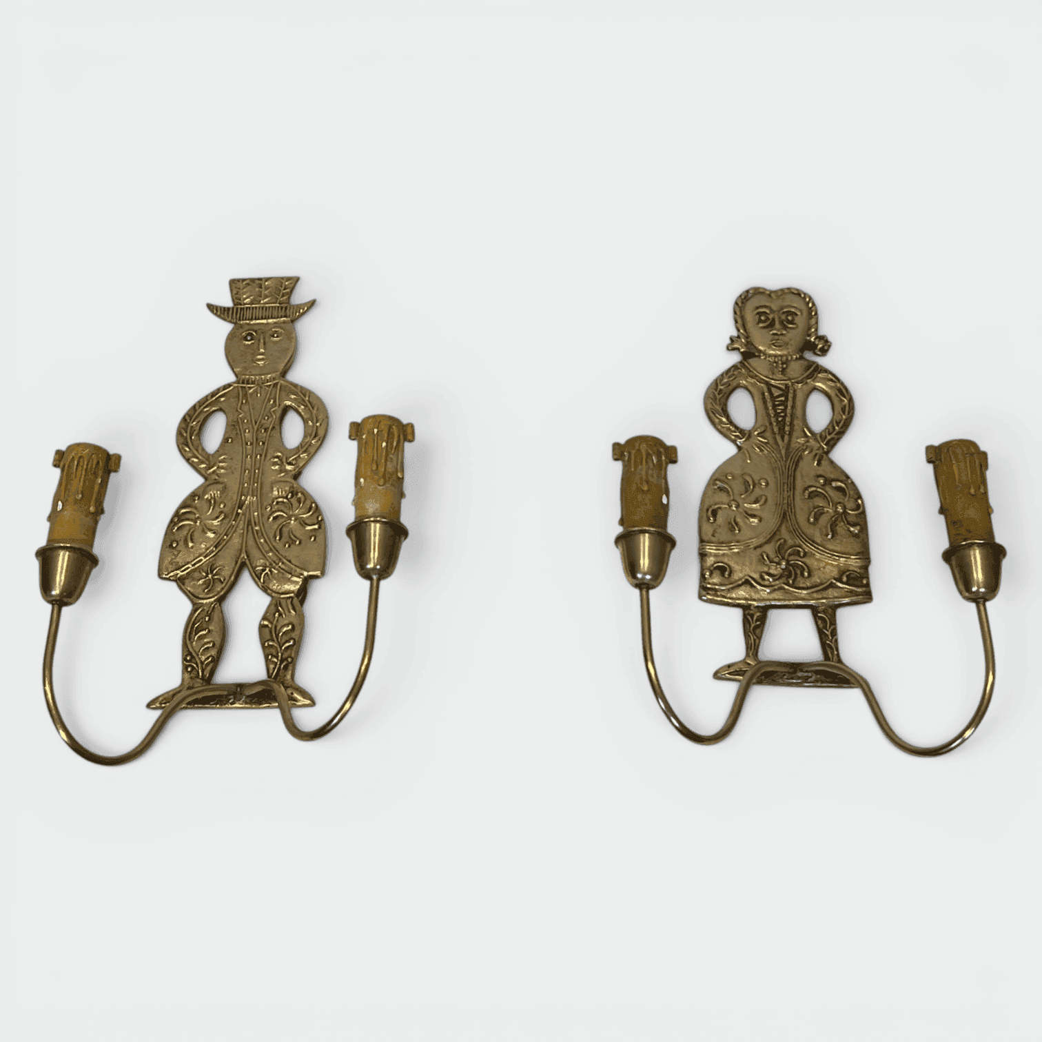Pair of French 1950s Gilded Brass Figural Sconces - Wide View Two - Styylish