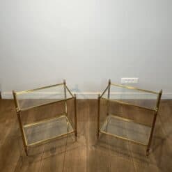 Pair of Maison Jansen Style Brass and Glass Side Tables - Pair Wide Angled View - Styylish
