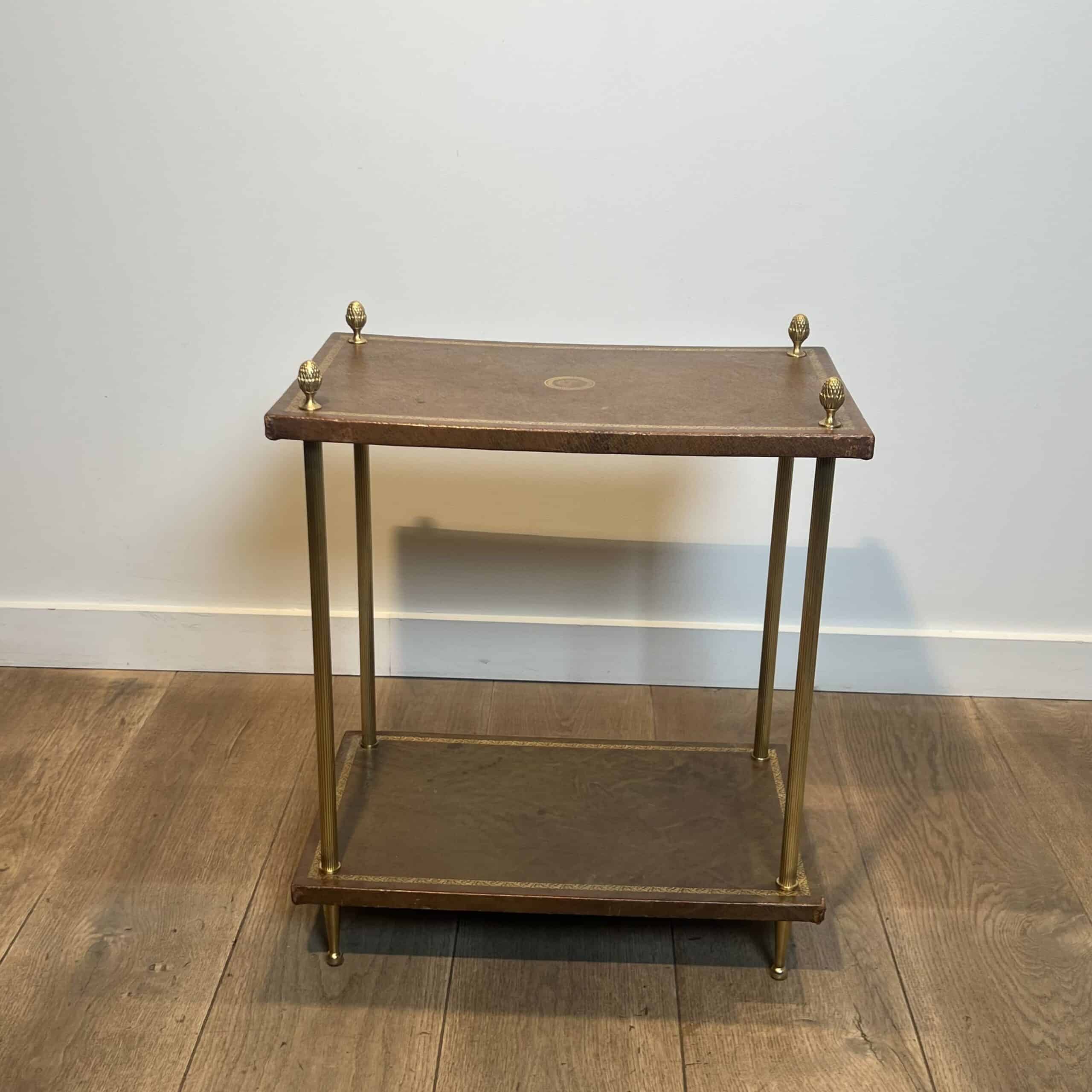 Maison Jansen Style Brass and Gilt-Tooled Leather Side Table - Front View - Styylish