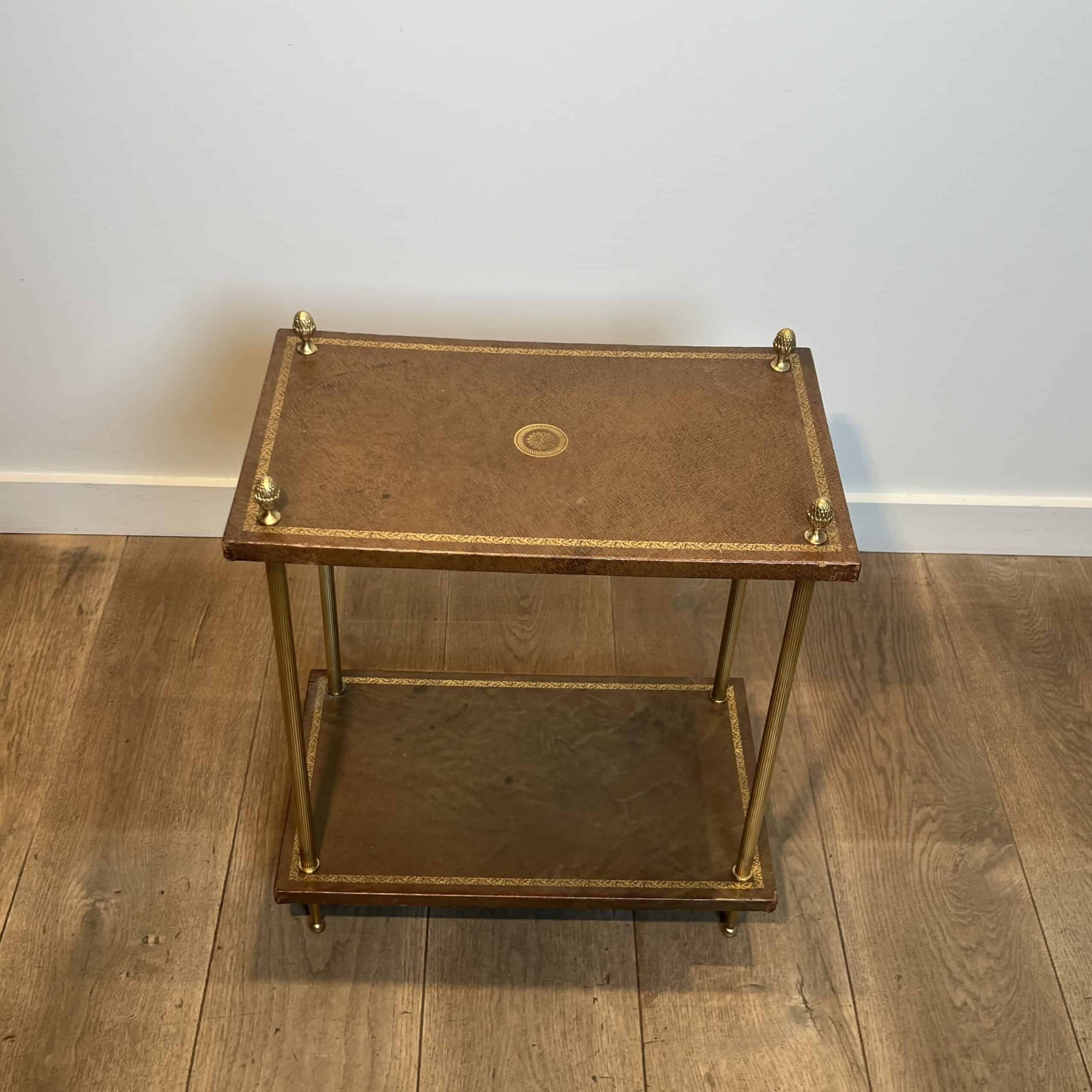 Maison Jansen Style Brass and Gilt-Tooled Leather Side Table - Top View - Styylish