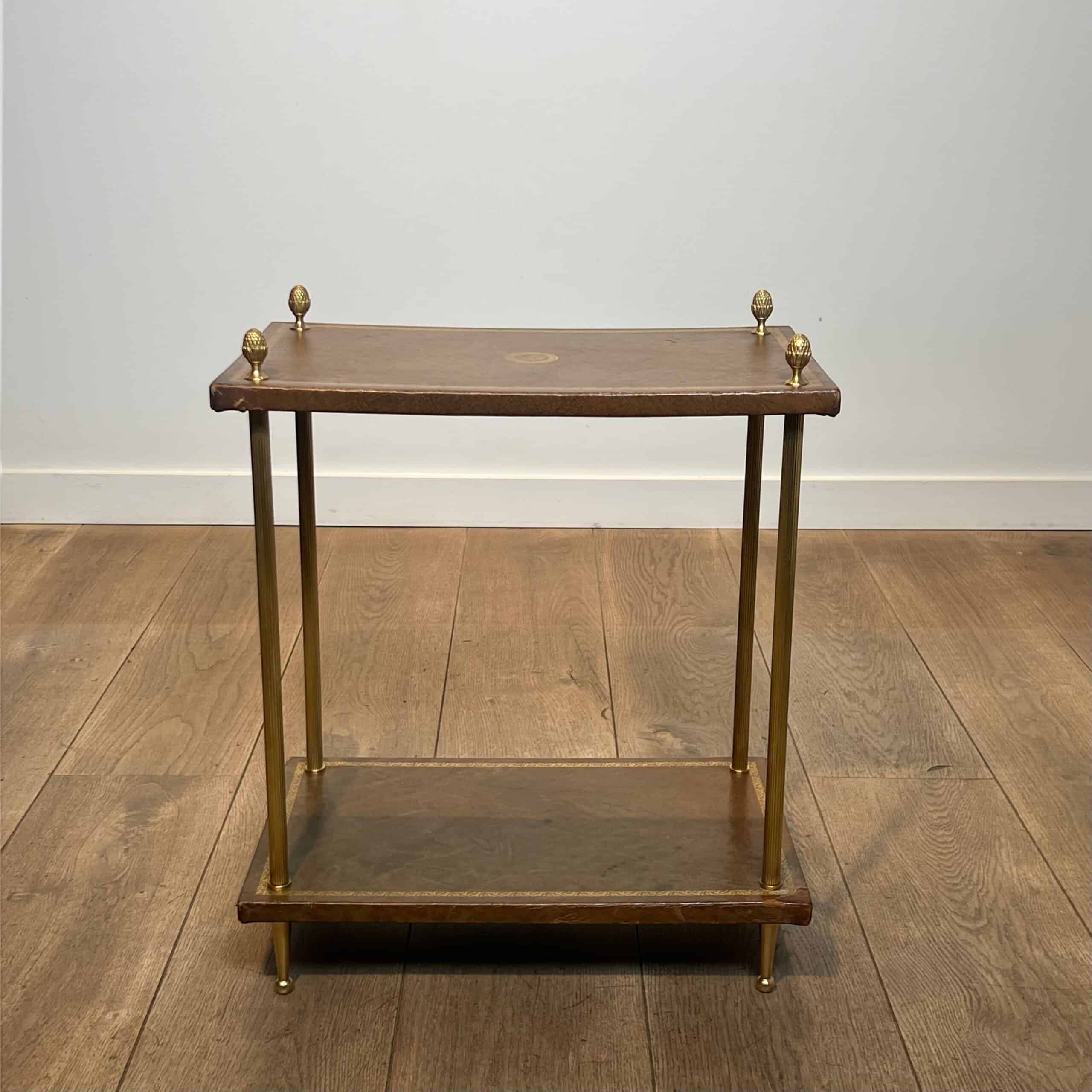 Maison Jansen Style Brass and Gilt-Tooled Leather Side Table - Wide View - Styylish