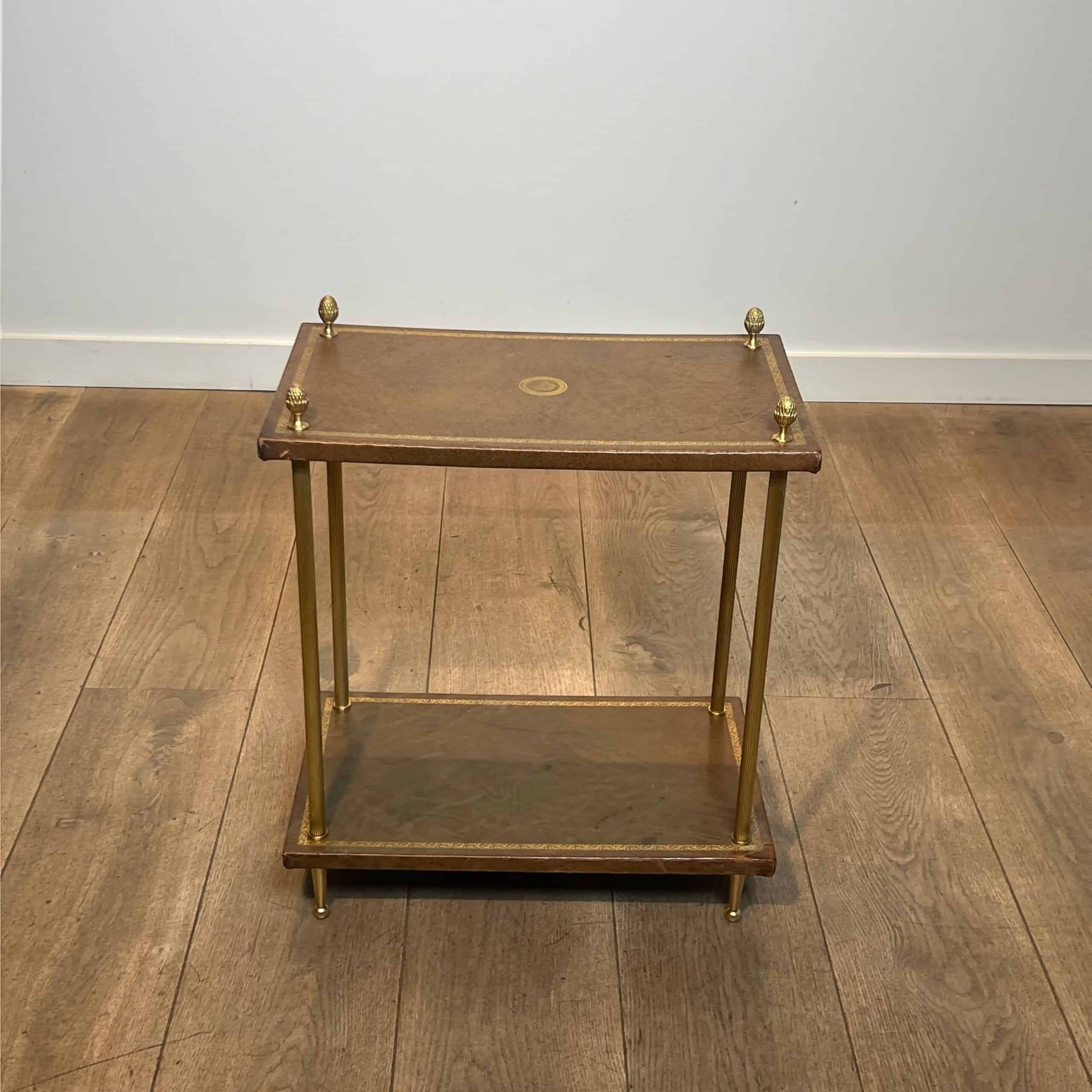 Maison Jansen Style Brass and Gilt-Tooled Leather Side Table - Wide Top View - Styylish