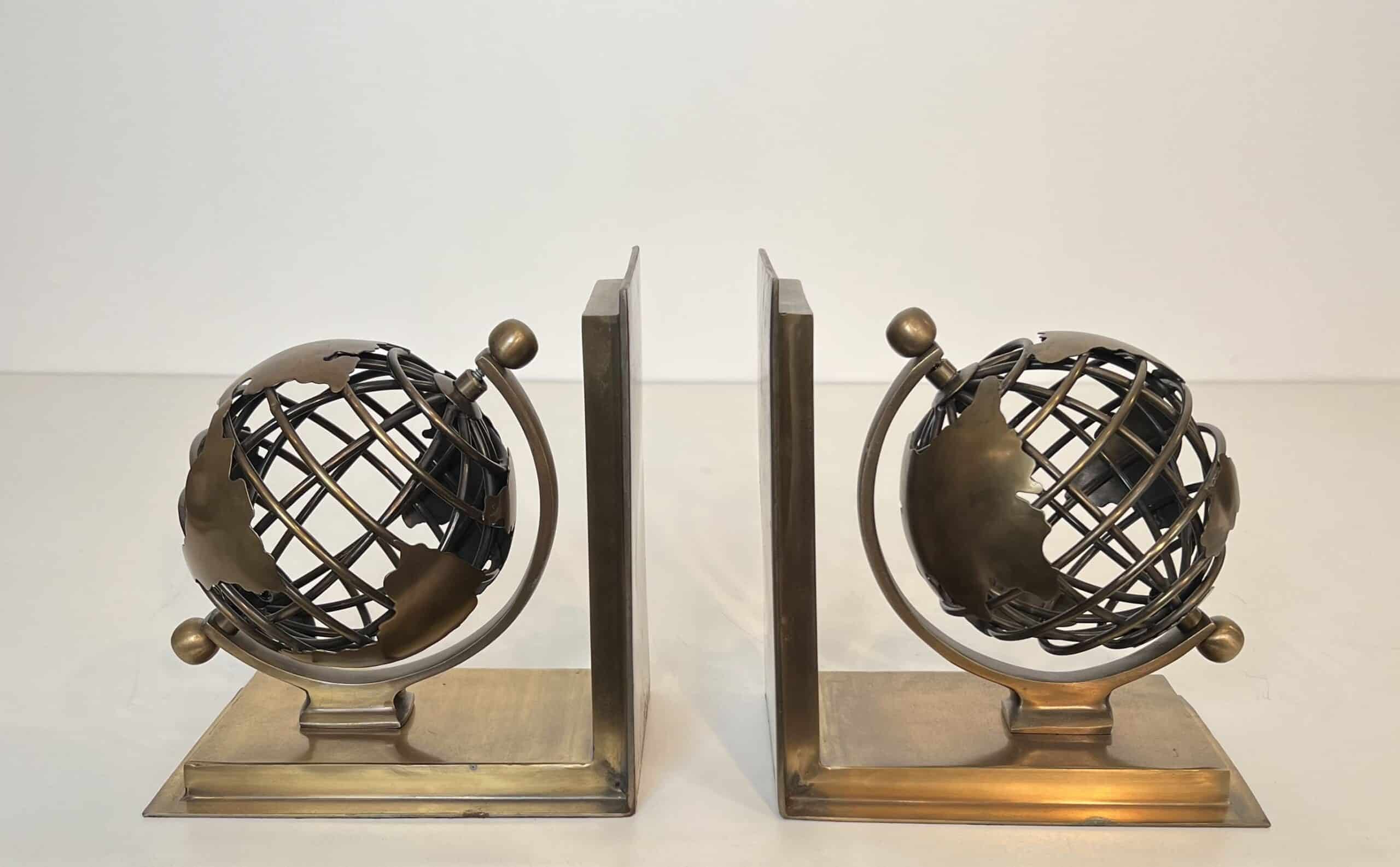 Patinated Brass Globe Bookends - Pair View One - Styylish