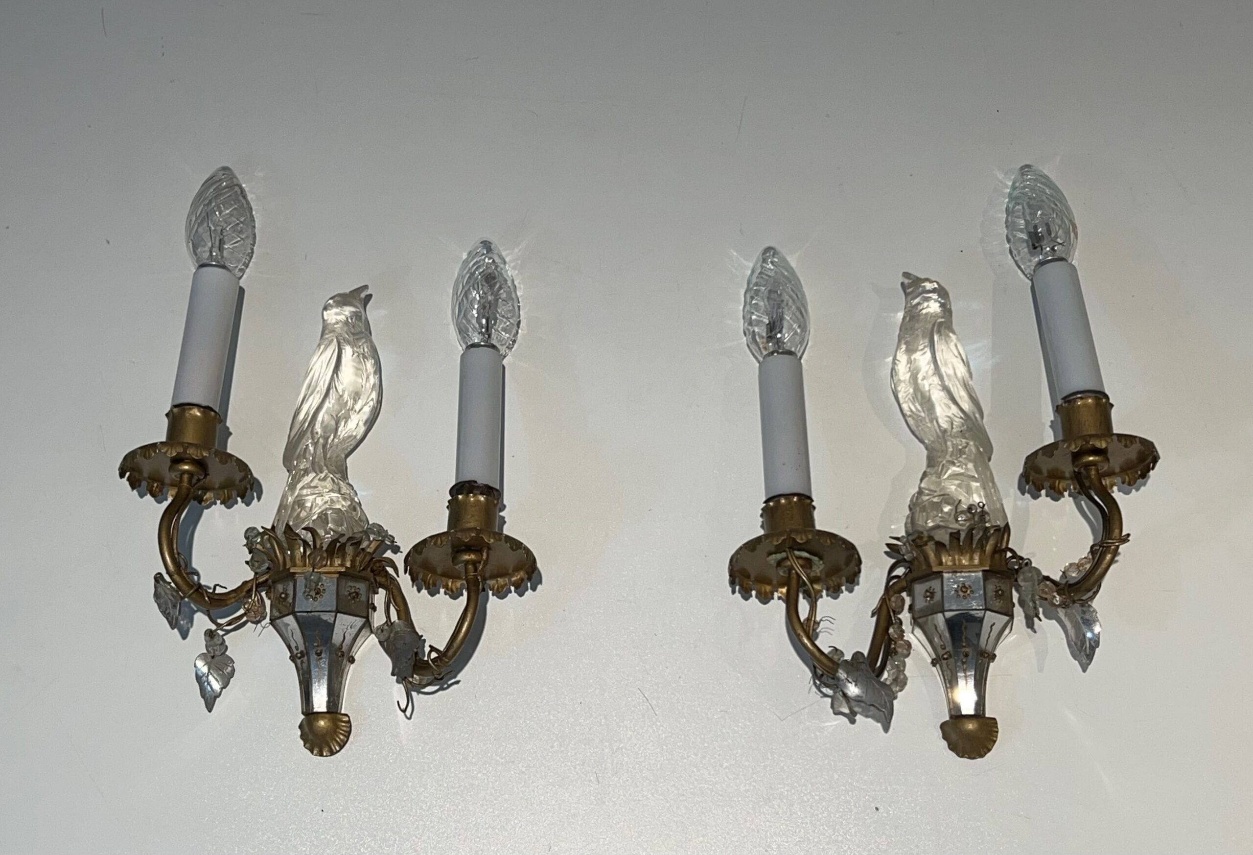 Pair of Maison Baguès Style Parrot Crystal Glass Sconces - Pair View One - Styylish