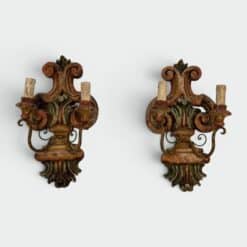 Pair of Italian Polychrome Carved Wood Wall Lights - Styylish