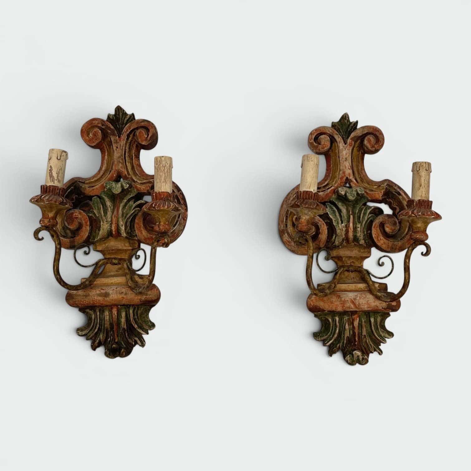 Pair of Italian Polychrome Carved Wood Wall Lights - Styylish