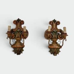 Pair of Italian Polychrome Carved Wood Wall Lights - Front View - Styylish