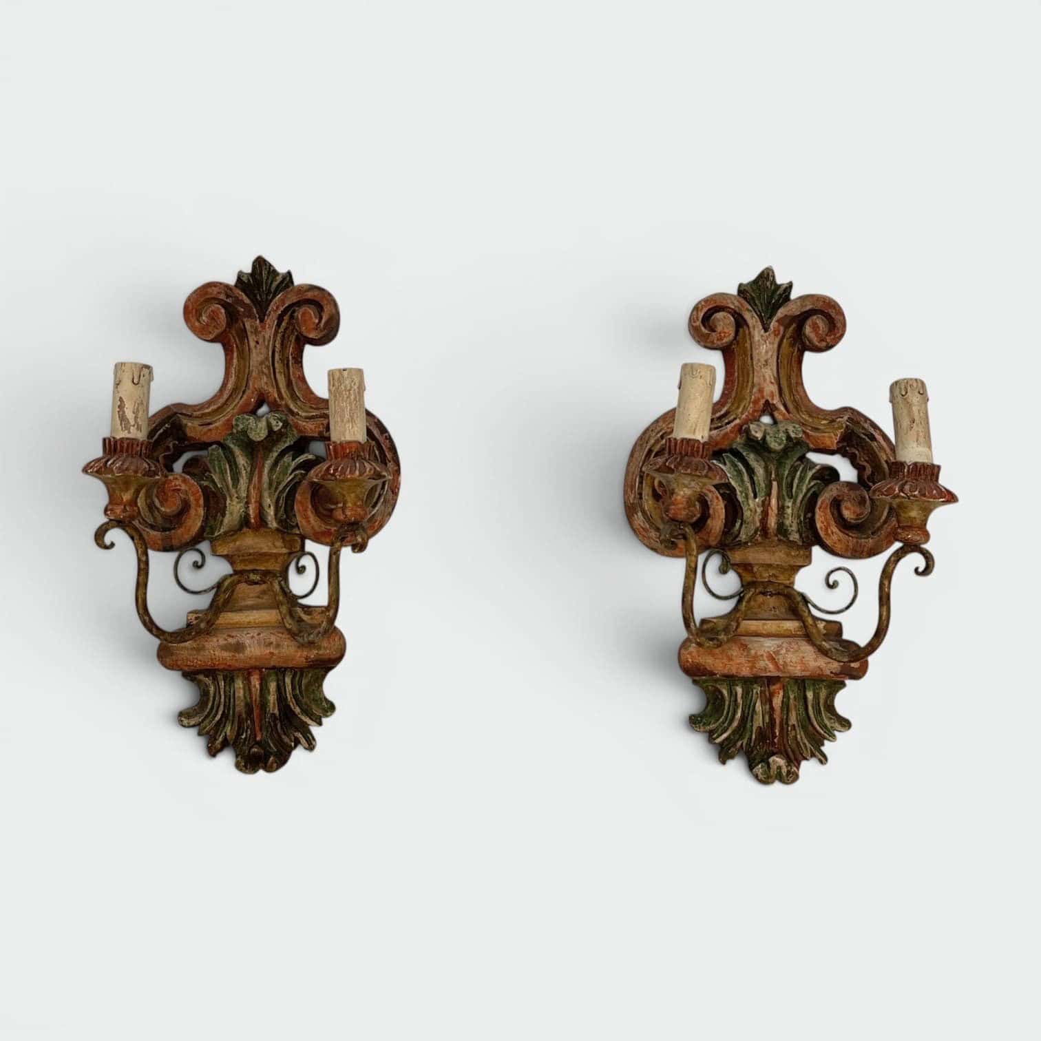 Pair of Italian Polychrome Carved Wood Wall Lights - Front View - Styylish