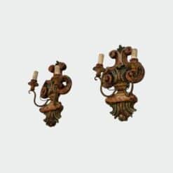Pair of Italian Polychrome Carved Wood Wall Lights - Angled View - Styylish