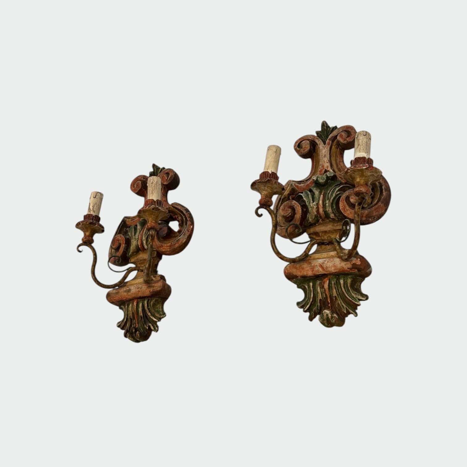 Pair of Italian Polychrome Carved Wood Wall Lights - Angled View - Styylish