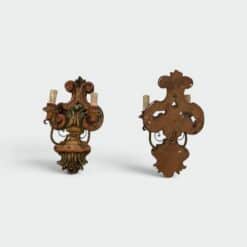 Pair of Italian Polychrome Carved Wood Wall Lights - Front and Rear View - Styylish