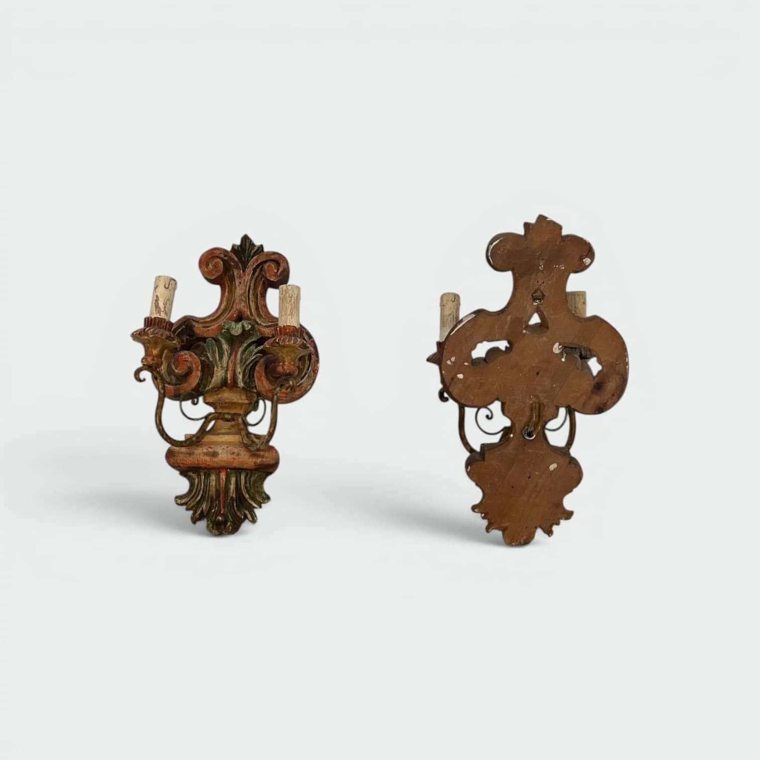 Pair of Italian Polychrome Carved Wood Wall Lights - Front and Rear View - Styylish