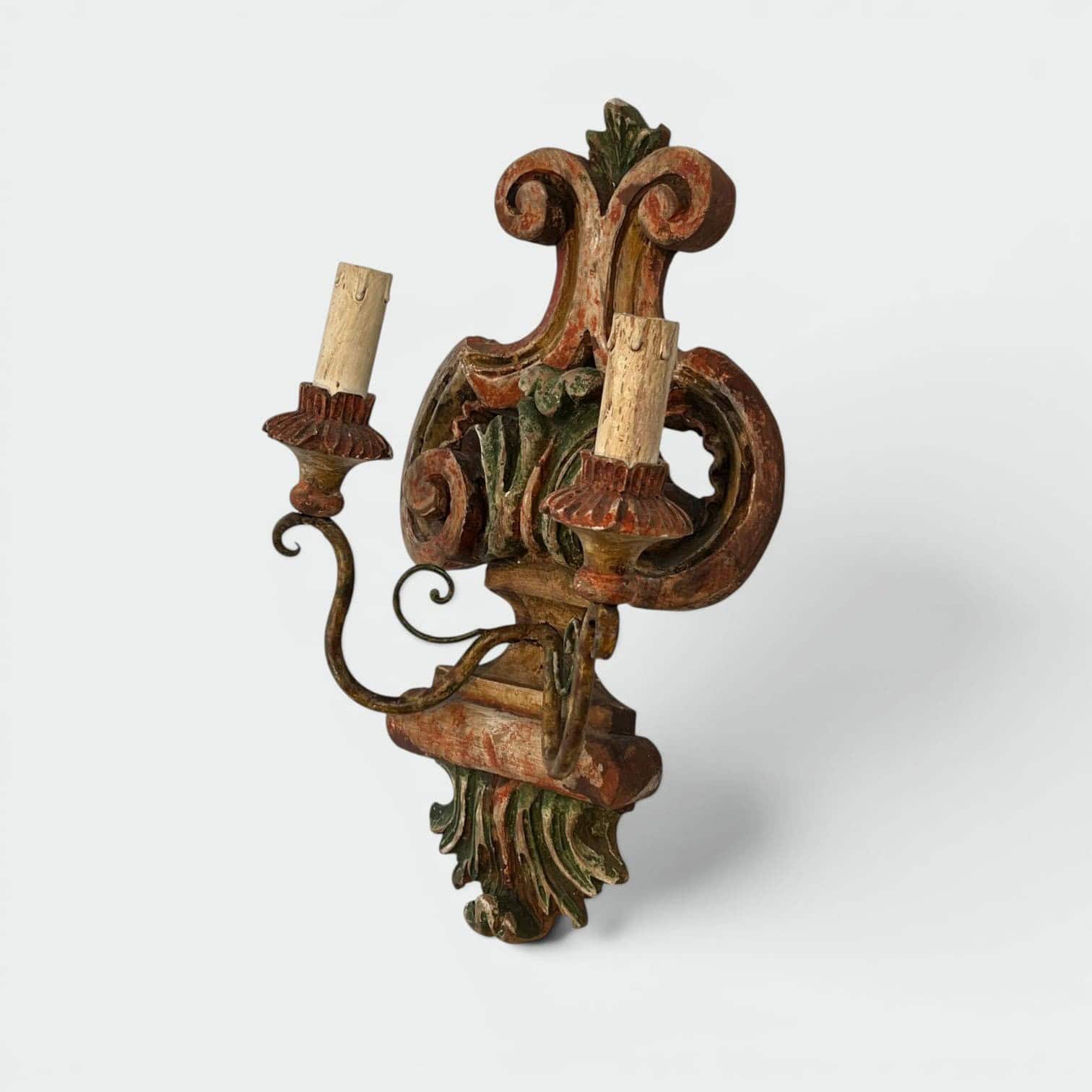 Pair of Italian Polychrome Carved Wood Wall Lights - Single Angled View - Styylish