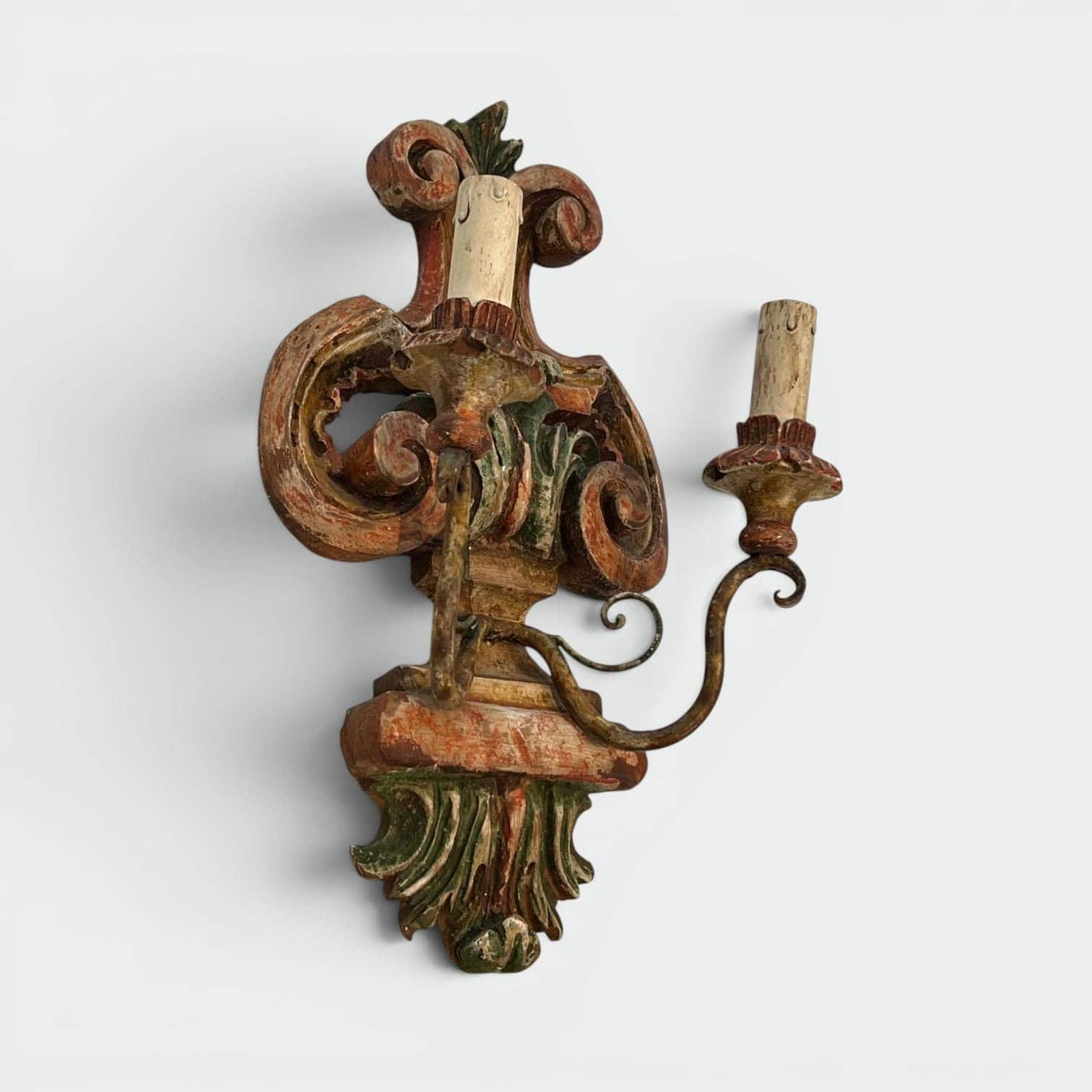 Pair of Italian Polychrome Carved Wood Wall Lights - Single Angled Detail - Styylish