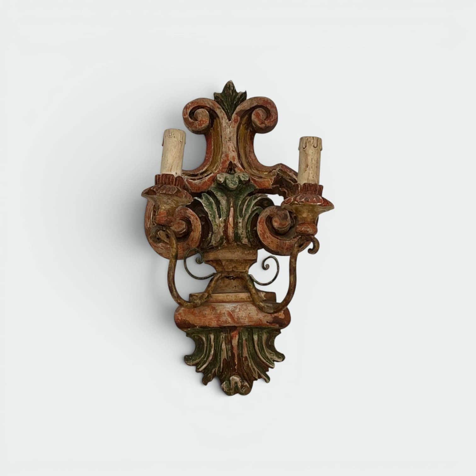 Pair of Italian Polychrome Carved Wood Wall Lights - Front Detail - Styylish