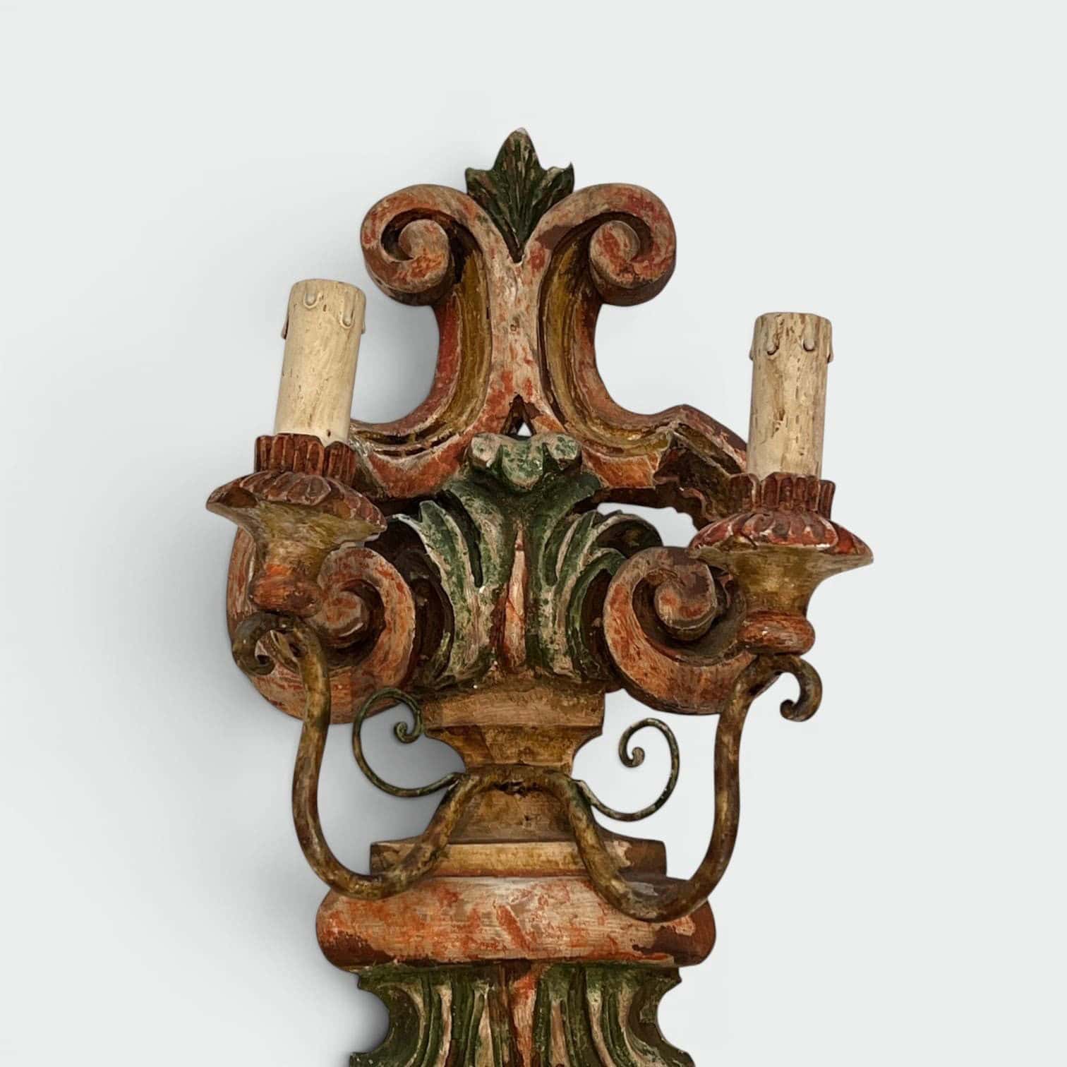 Pair of Italian Polychrome Carved Wood Wall Lights - Top Detail - Styylish