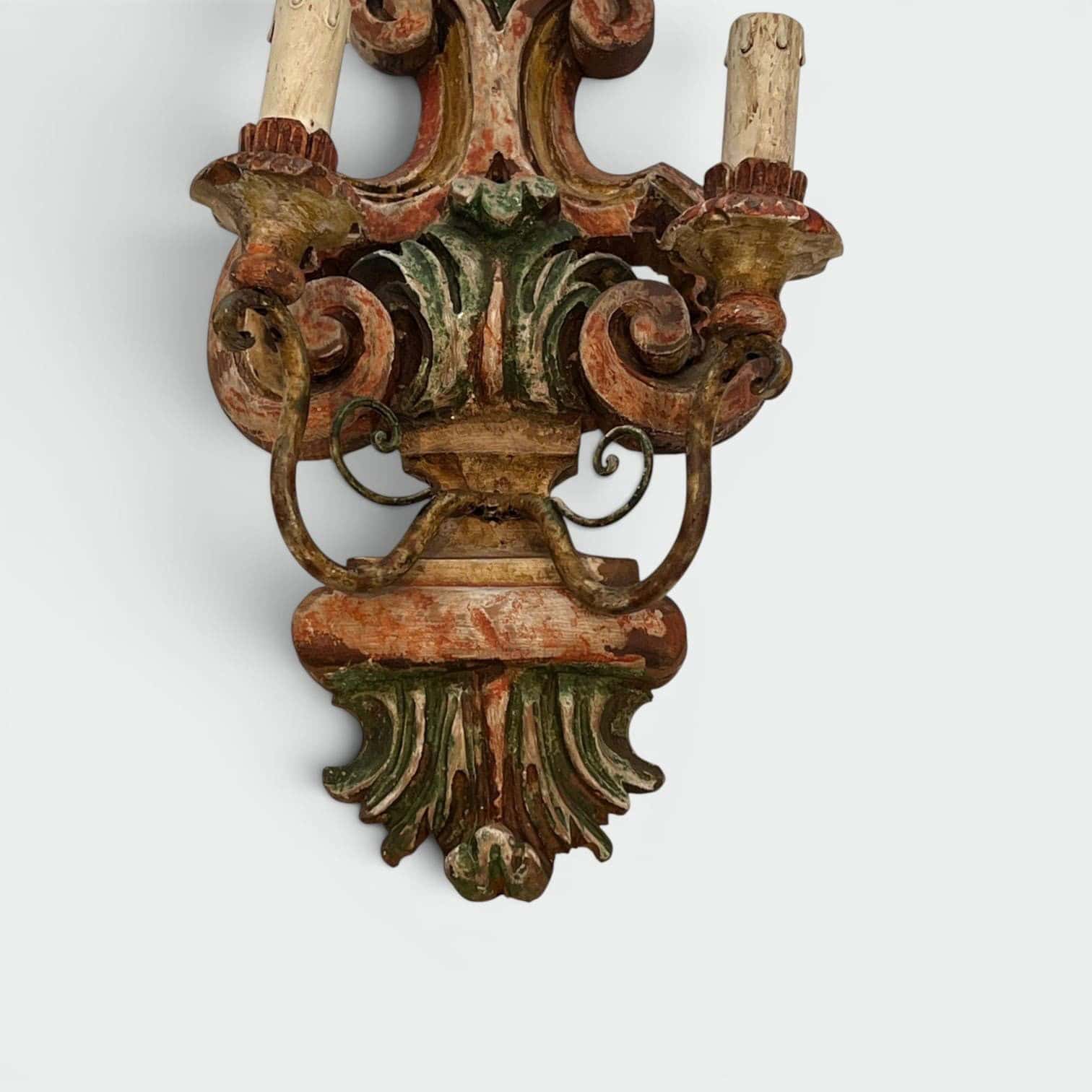 Pair of Italian Polychrome Carved Wood Wall Lights - Bottom Detail - Styylish