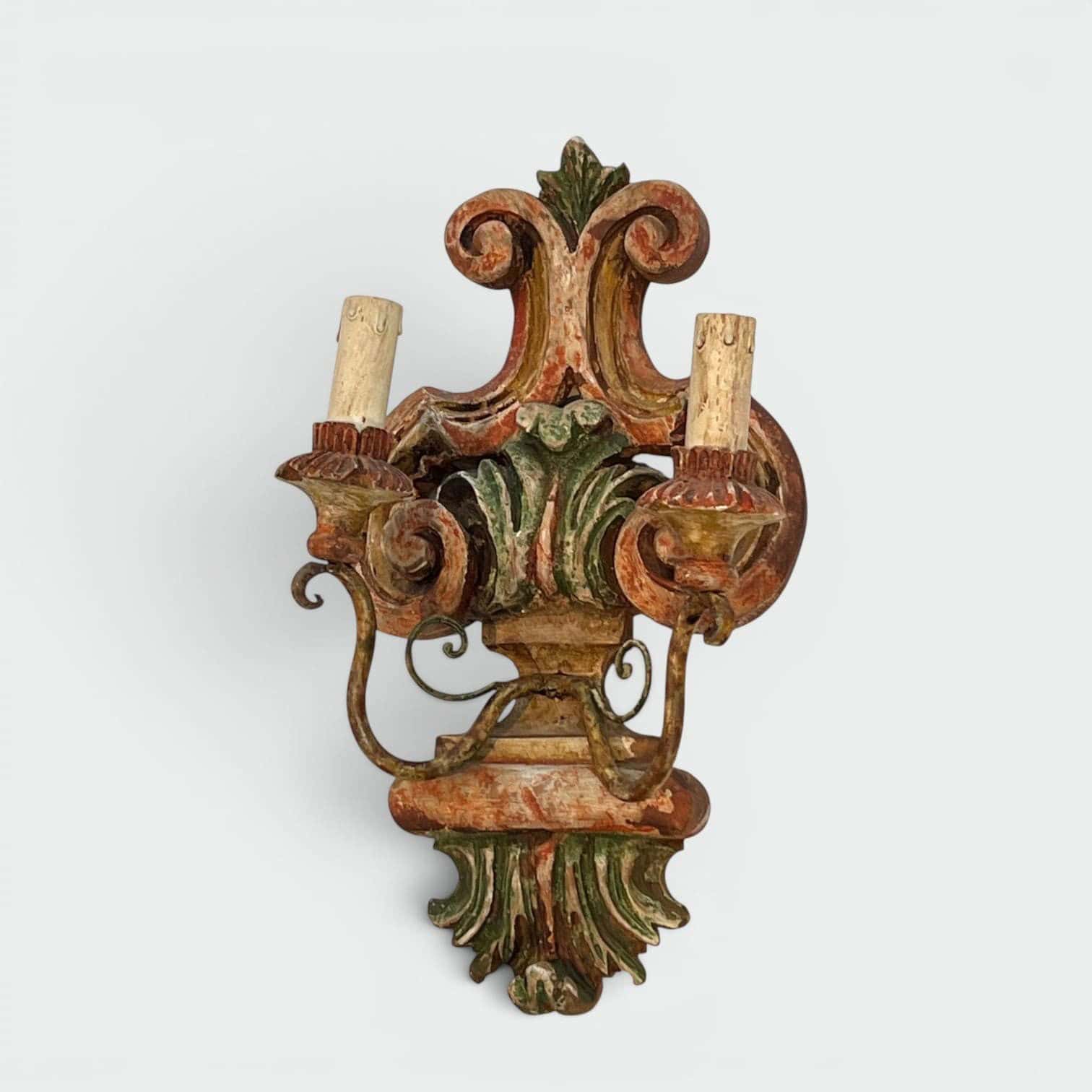 Pair of Italian Polychrome Carved Wood Wall Lights - Alt View - Styylish