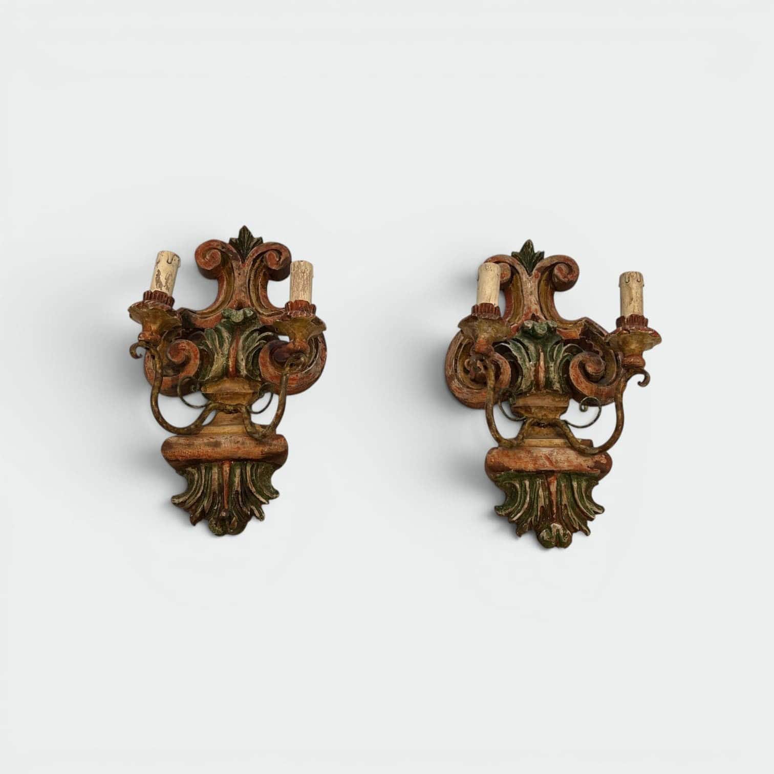 Pair of Italian Polychrome Carved Wood Wall Lights - Pair Alt View - Styylish