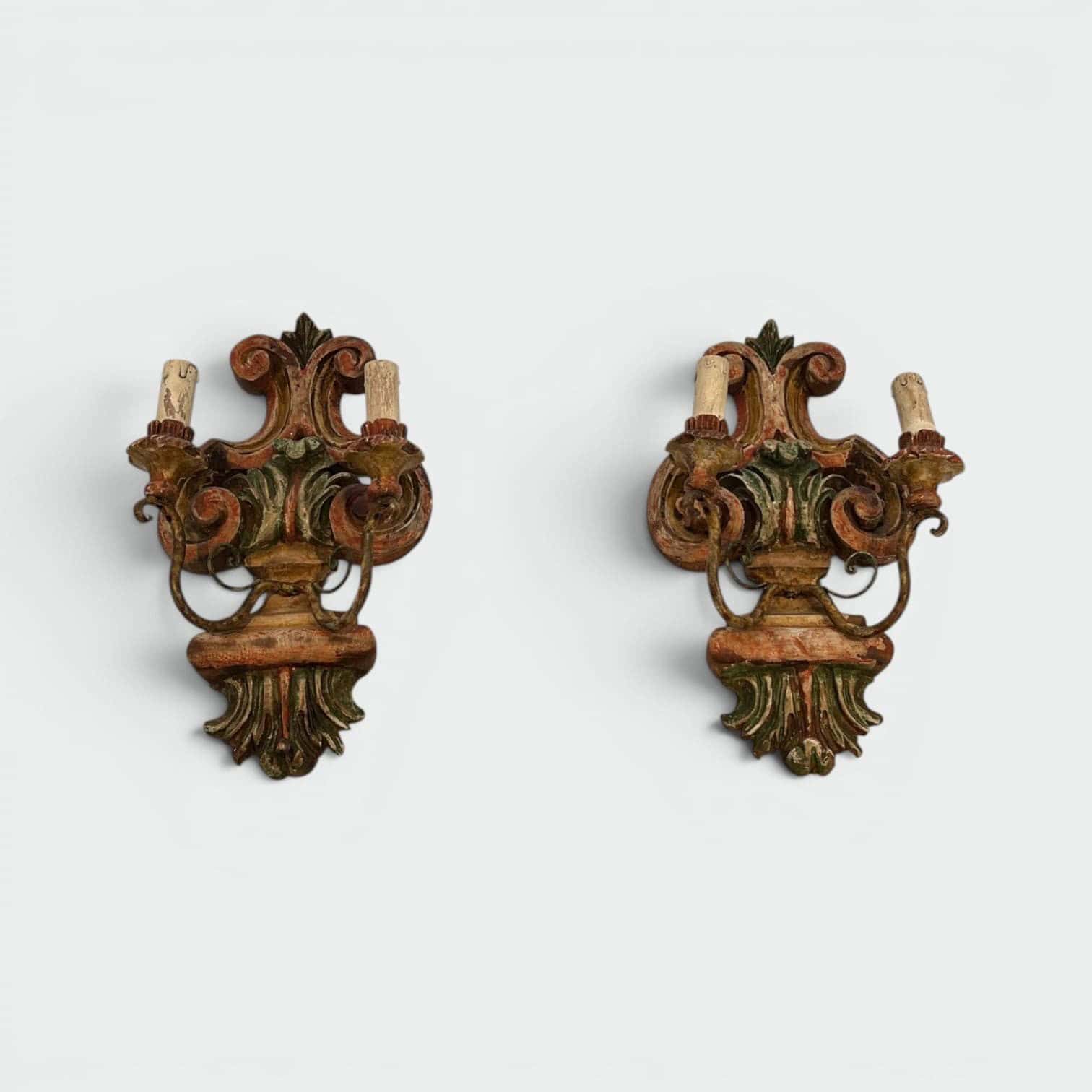 Pair of Italian Polychrome Carved Wood Wall Lights - Pair Alt View Two - Styylish
