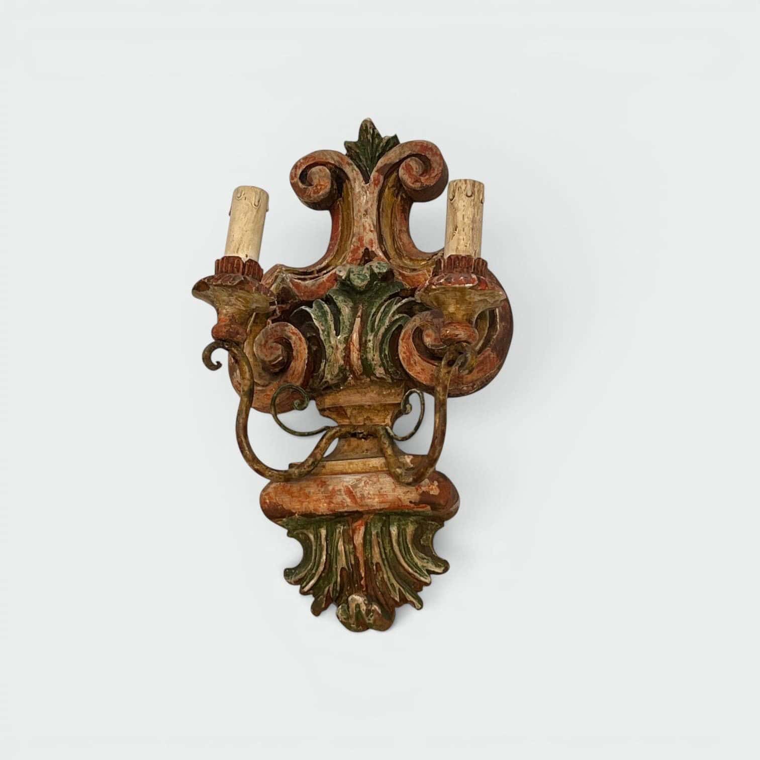 Pair of Italian Polychrome Carved Wood Wall Lights - Single Alt View - Styylish