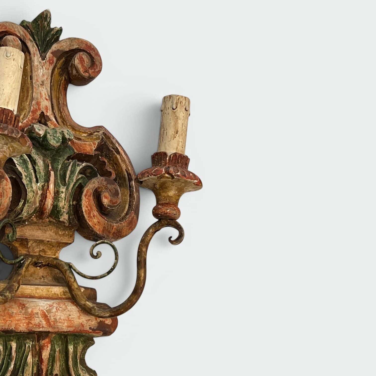 Pair of Italian Polychrome Carved Wood Wall Lights - Fixture Detail - Styylish