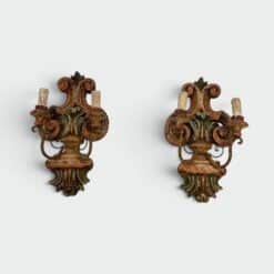 Pair of Italian Polychrome Carved Wood Wall Lights - Wide View - Styylish