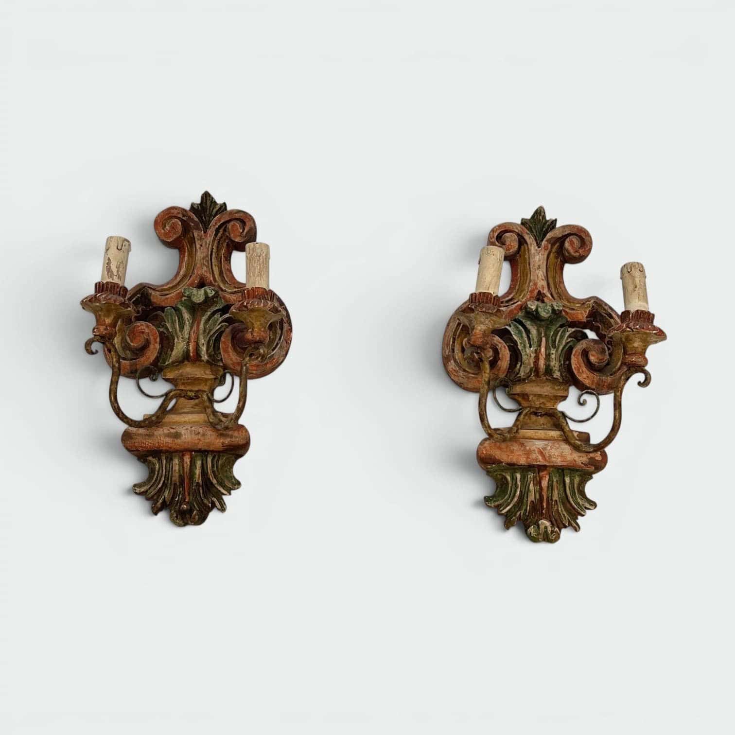 Pair of Italian Polychrome Carved Wood Wall Lights - Wide View - Styylish