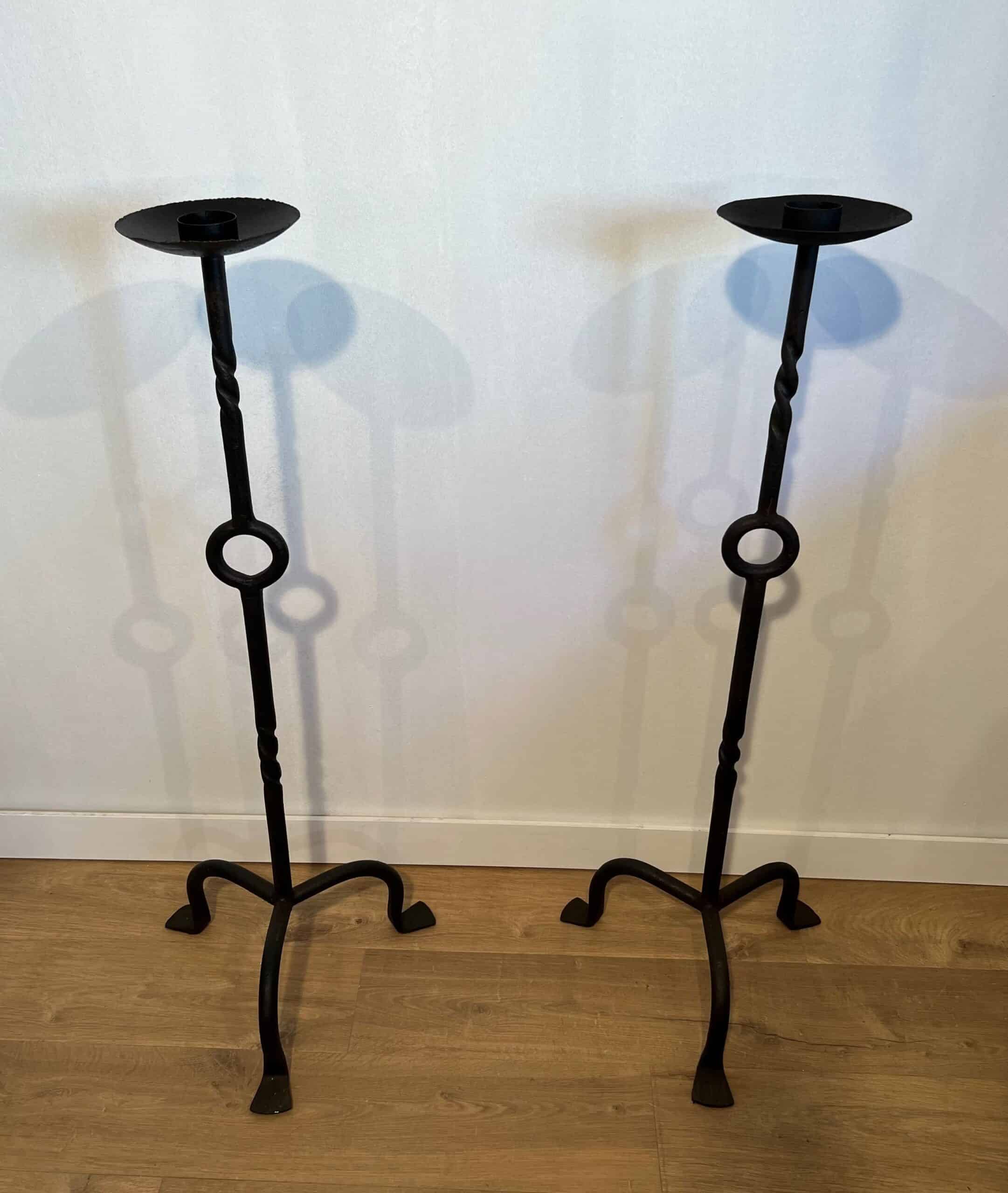 French 1950s Wrought Iron Pricket Floor Candlesticks - Pair View - Styylish