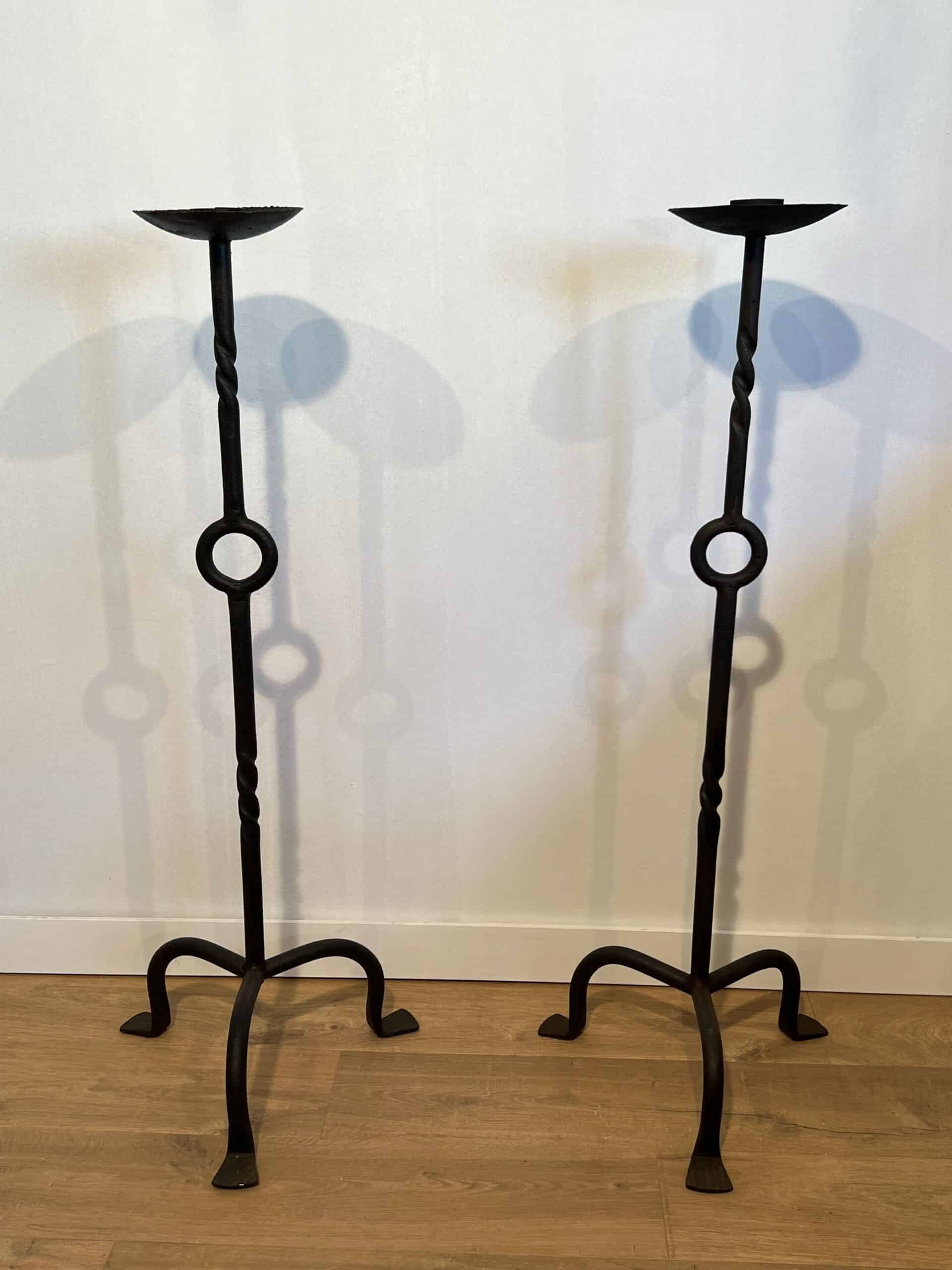 French 1950s Wrought Iron Pricket Floor Candlesticks - Pair Front View - Styylish
