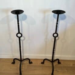 French 1950s Wrought Iron Pricket Floor Candlesticks - Pair Top View - Styylish
