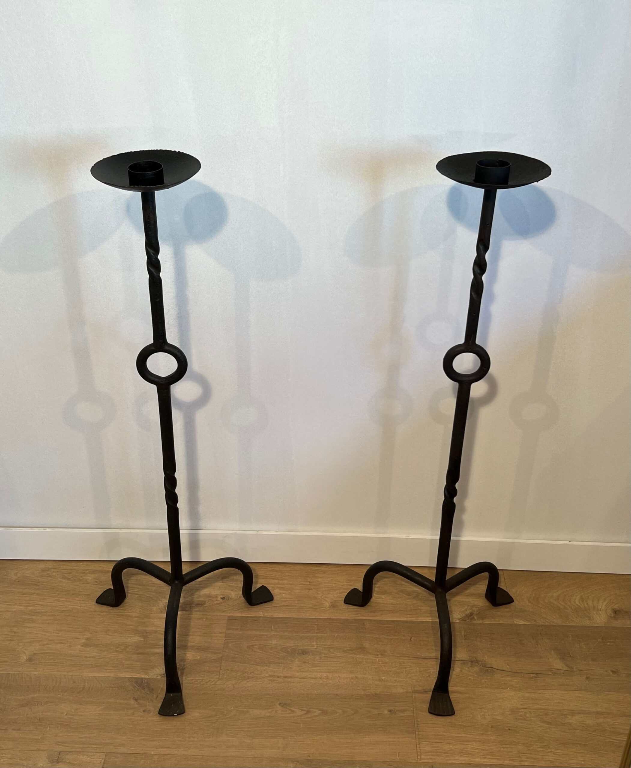 French 1950s Wrought Iron Pricket Floor Candlesticks - Pair Top View - Styylish