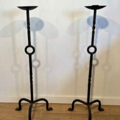 French 1950s Wrought Iron Pricket Floor Candlesticks - Pair Wide View - Styylish