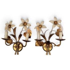 Pair of French Gilt Metal Floral Wall Sconces in the Style of Maison Charles, circa 1960s