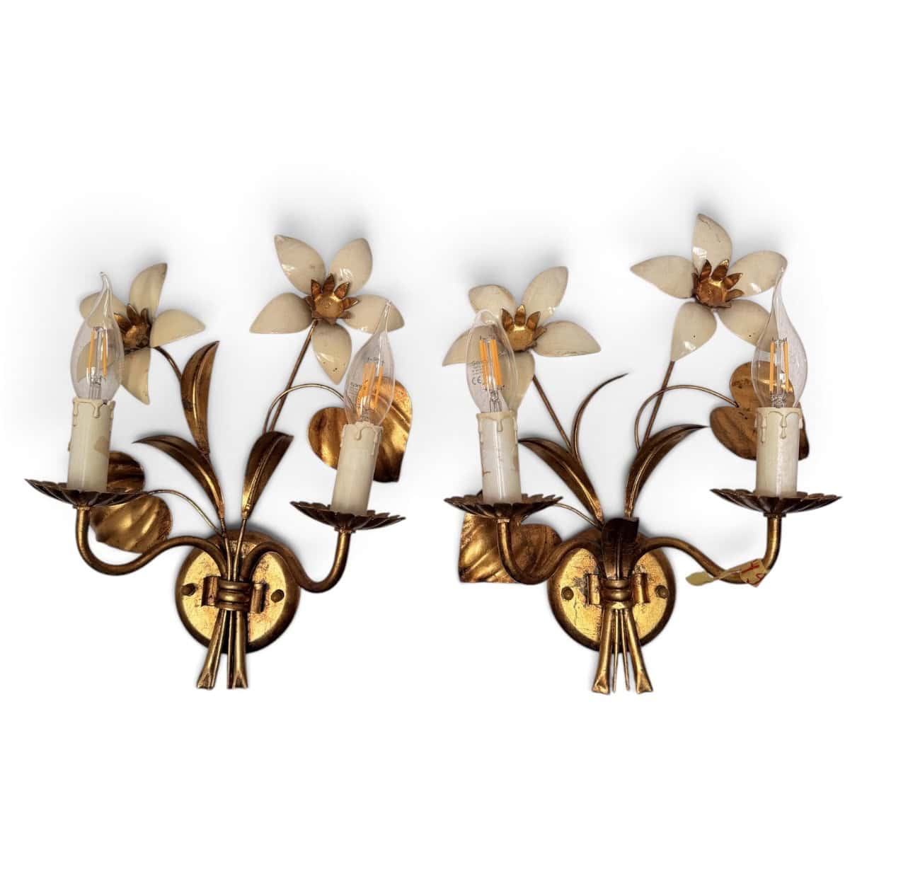 Pair of gilt metal floral wall sconces in the style of Maison Charles 1960s- Styylish