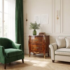 Antique Louis XV Style Chest of Drawers with Marble Top- in a living room setting- Styylish