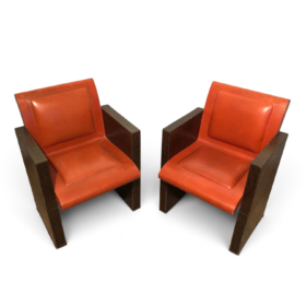 Pair of French 1970s Brown and Orange Leather Armchairs