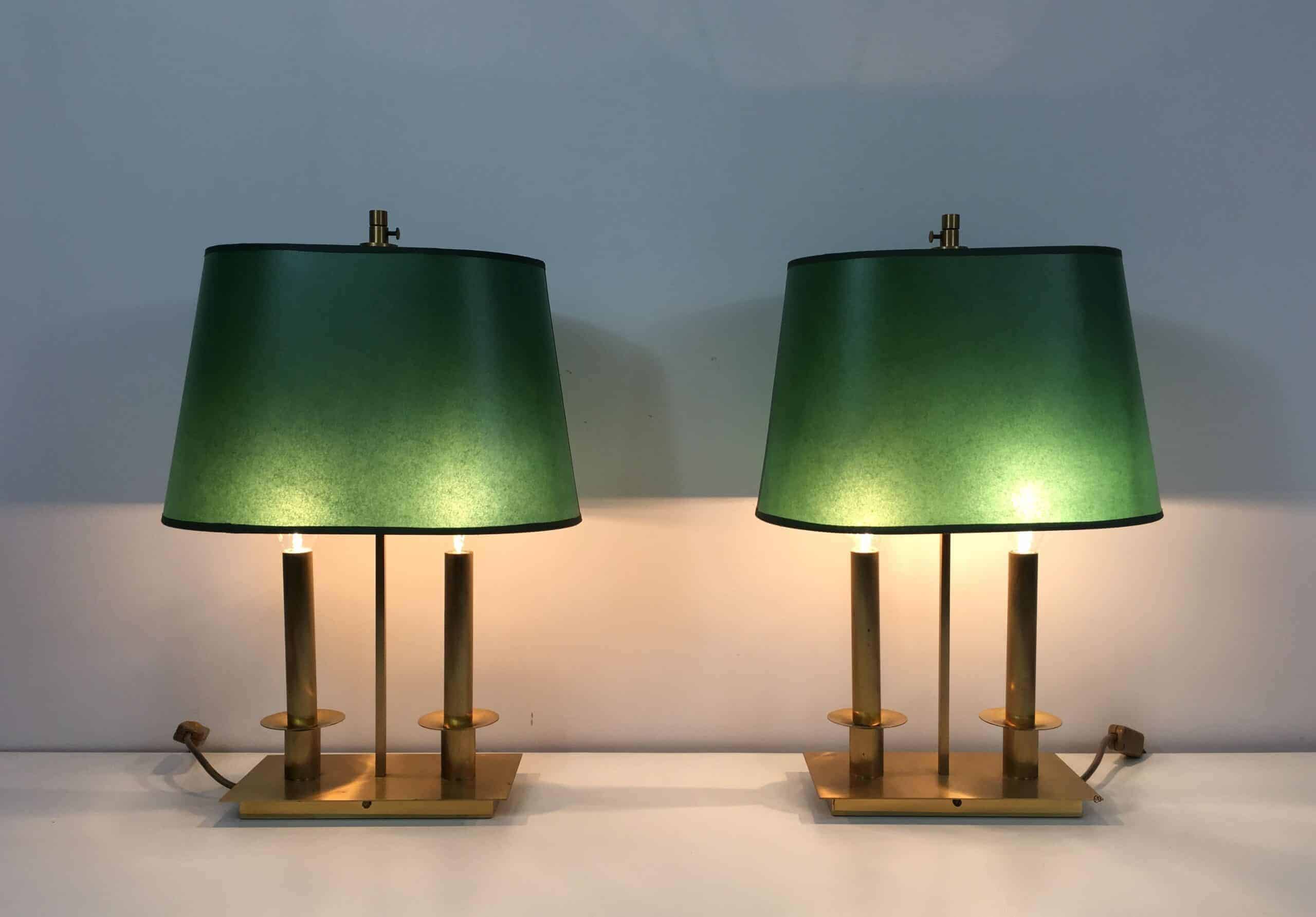 Pair of French Brass Table Lamps with Green Adjustable Shades - View One - Styylish