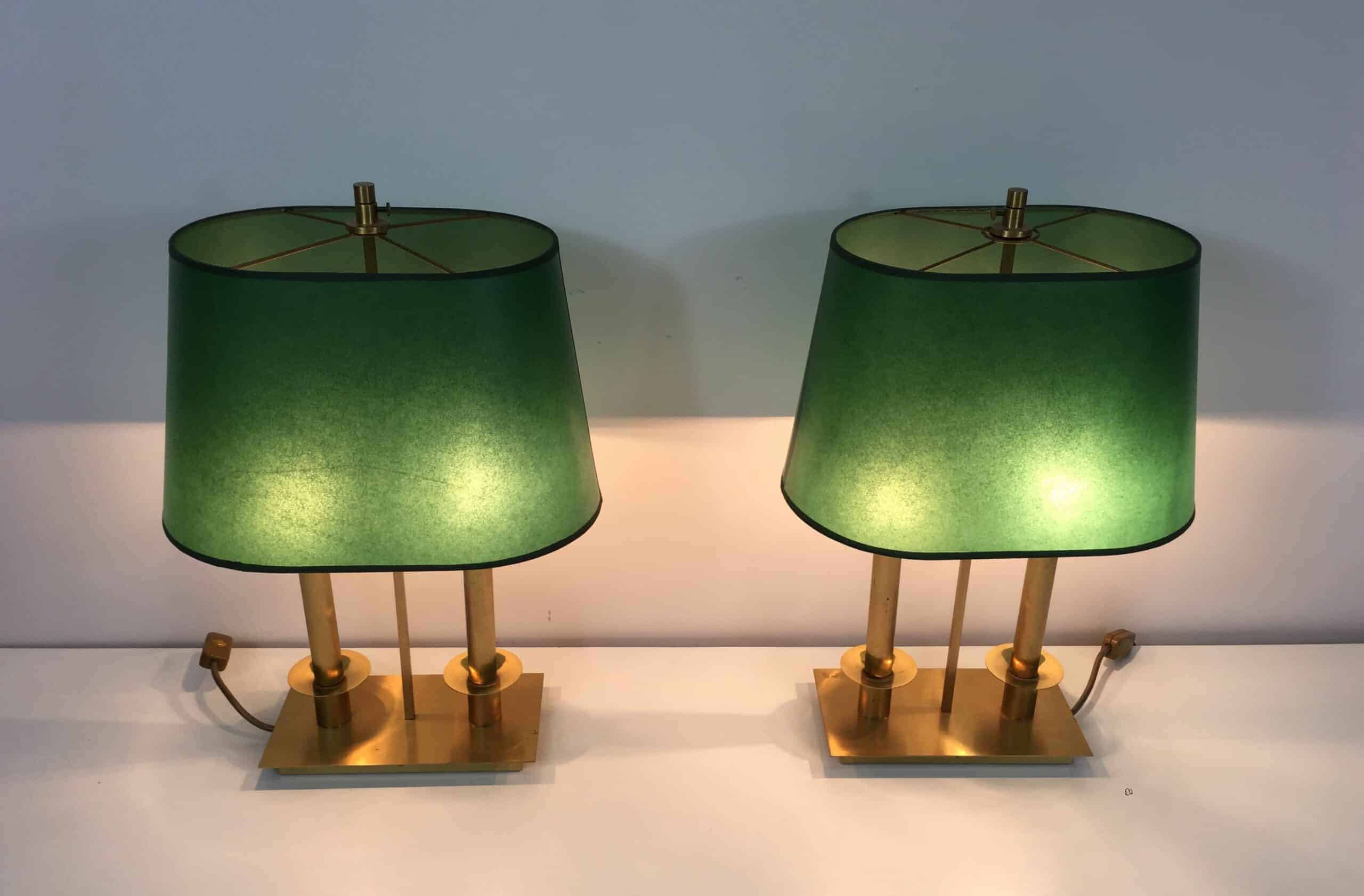 Pair of French Brass Table Lamps with Green Adjustable Shades - View Two - Styylish