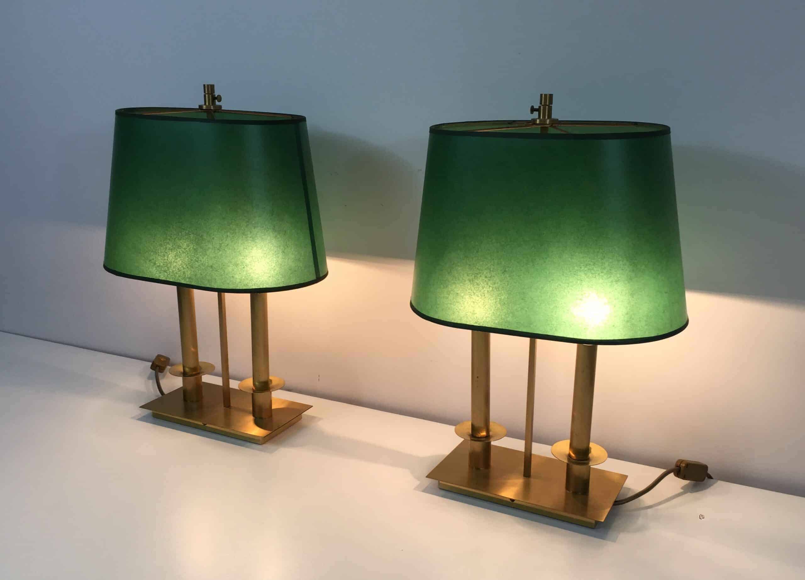Pair of French Brass Table Lamps with Green Adjustable Shades - View Three - Styylish