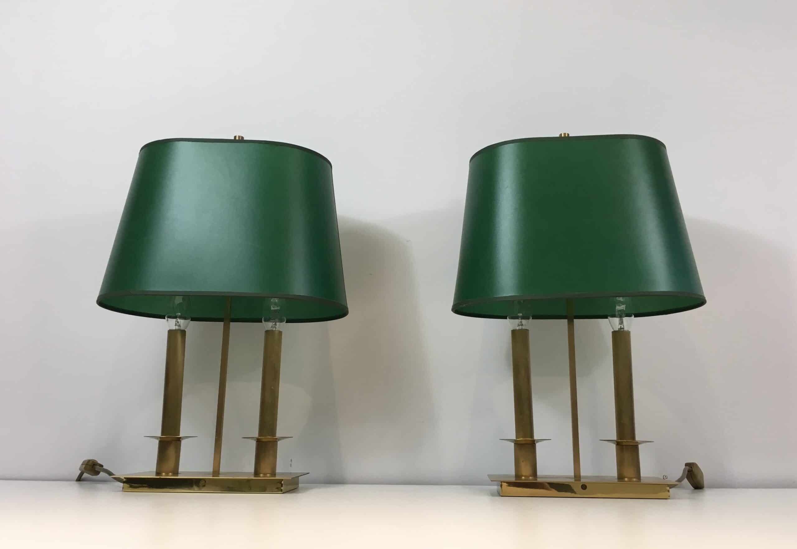 Pair of French Brass Table Lamps with Green Adjustable Shades - View Four - Styylish