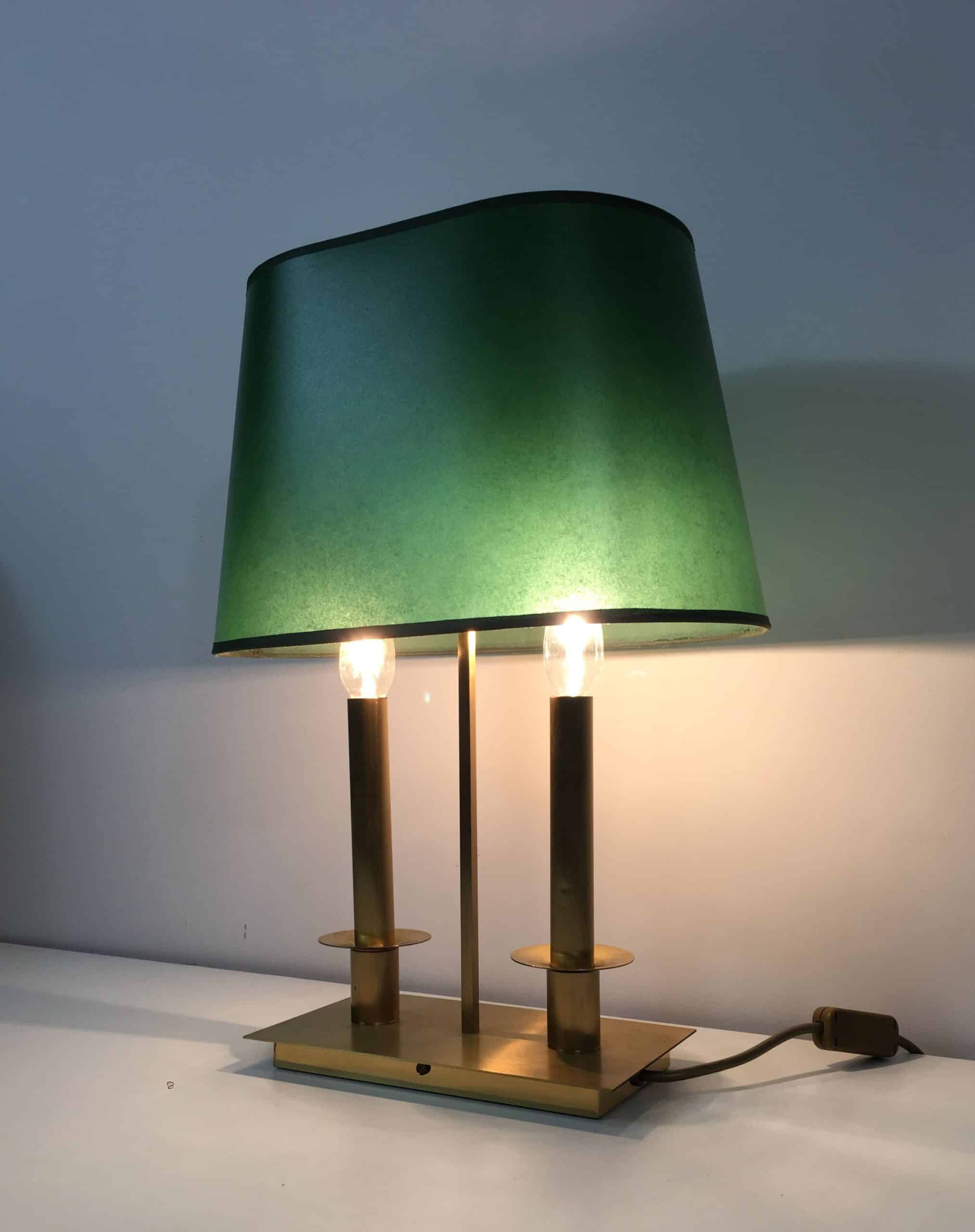 Pair of French Brass Table Lamps with Green Adjustable Shades - View Seven - Styylish