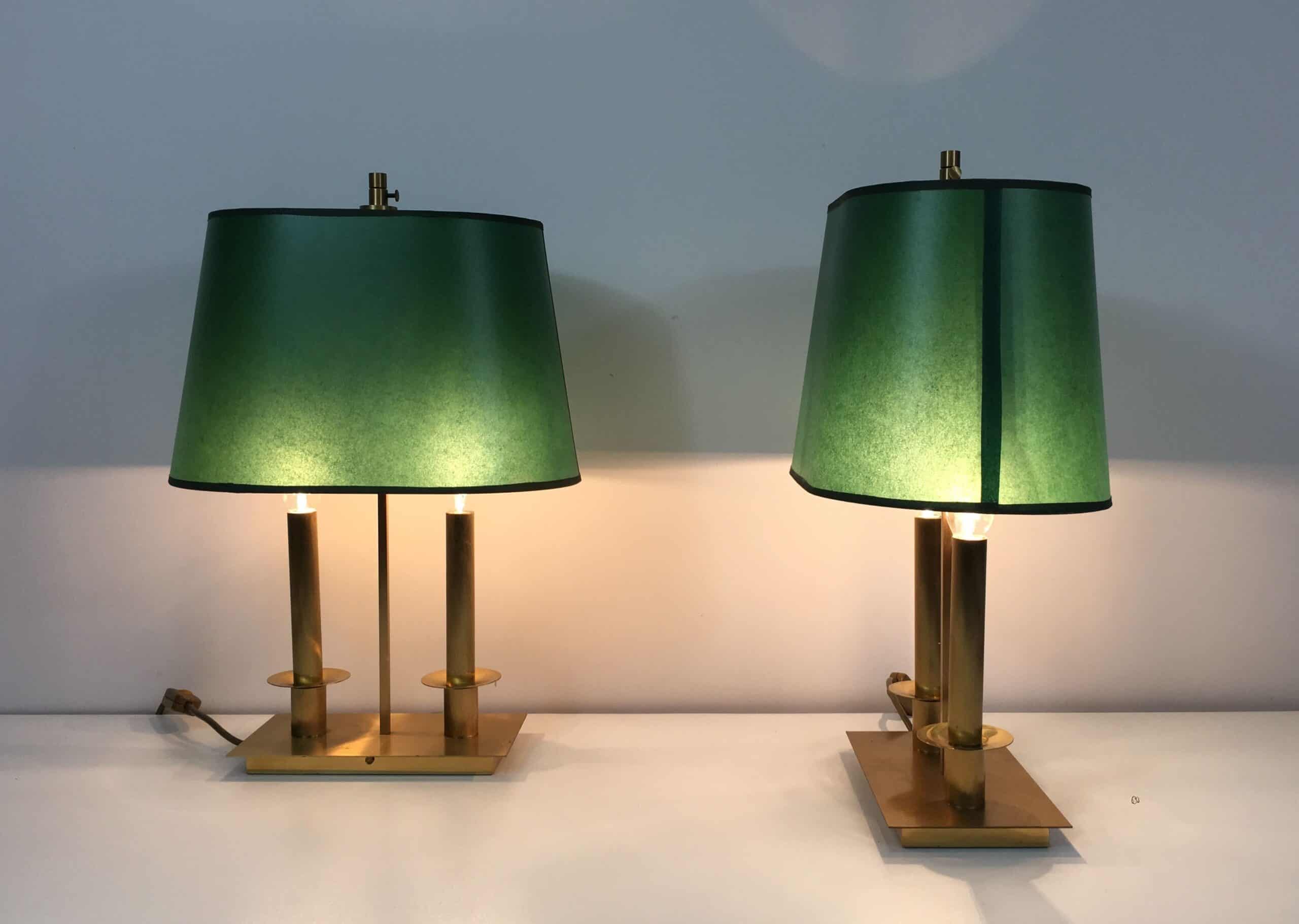 Pair of French Brass Table Lamps with Green Adjustable Shades - View Nine - Styylish