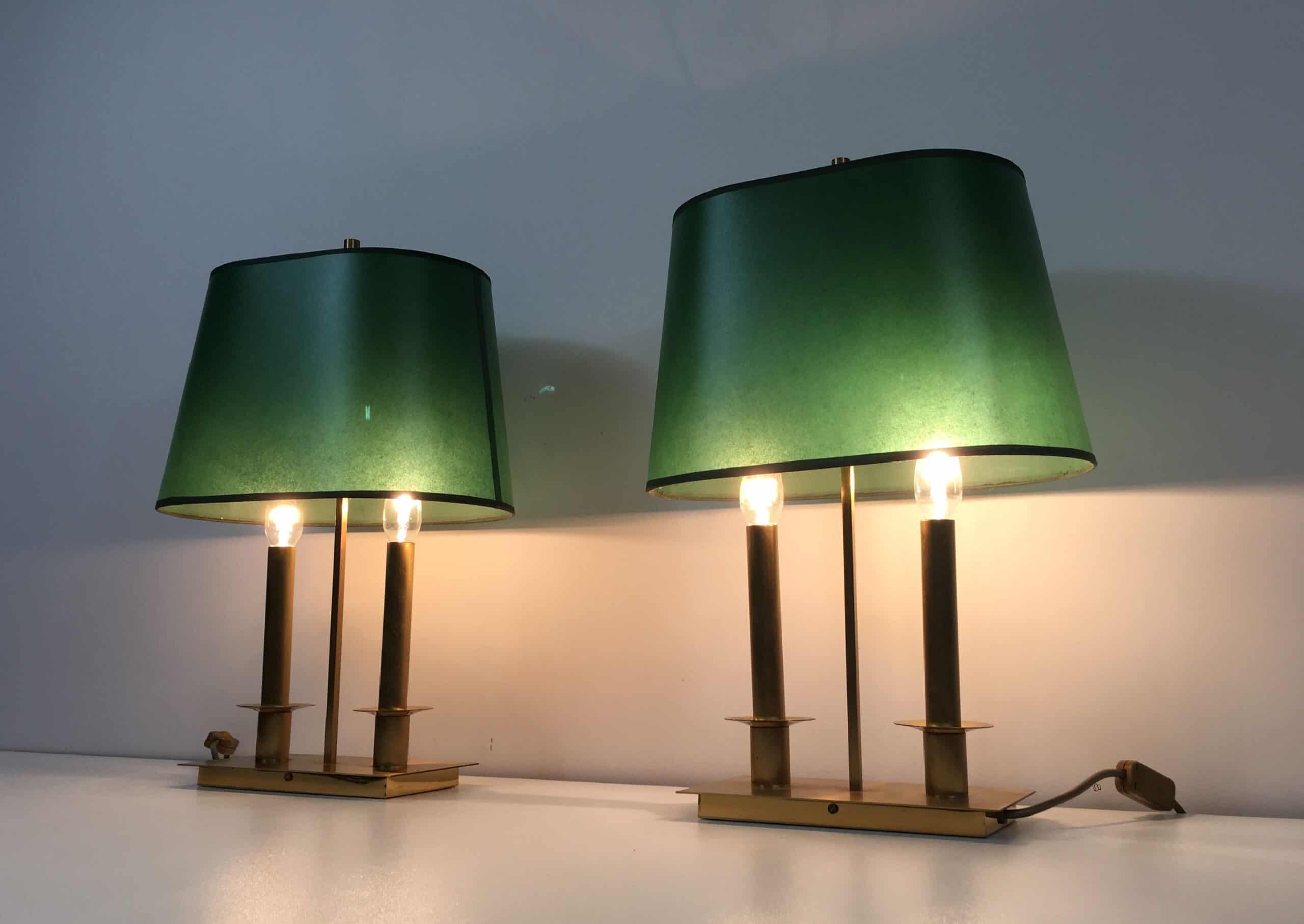 Pair of French Brass Table Lamps with Green Adjustable Shades - View Ten - Styylish
