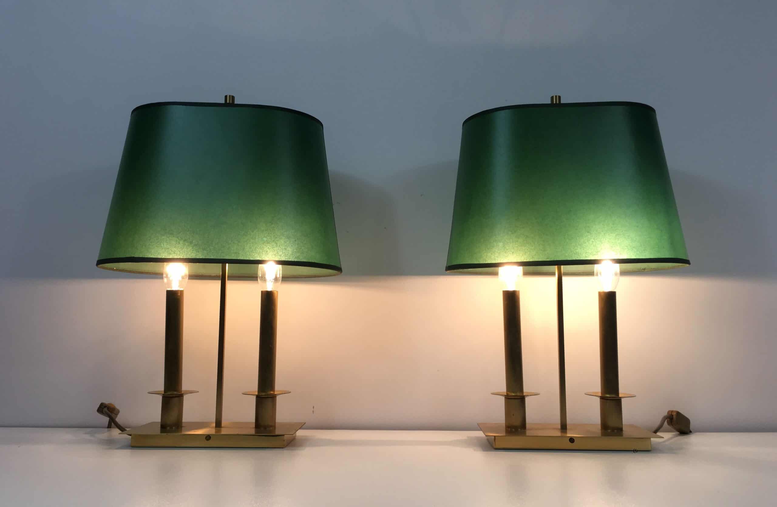 Pair of French Brass Table Lamps with Green Adjustable Shades - View Sixteen - Styylish