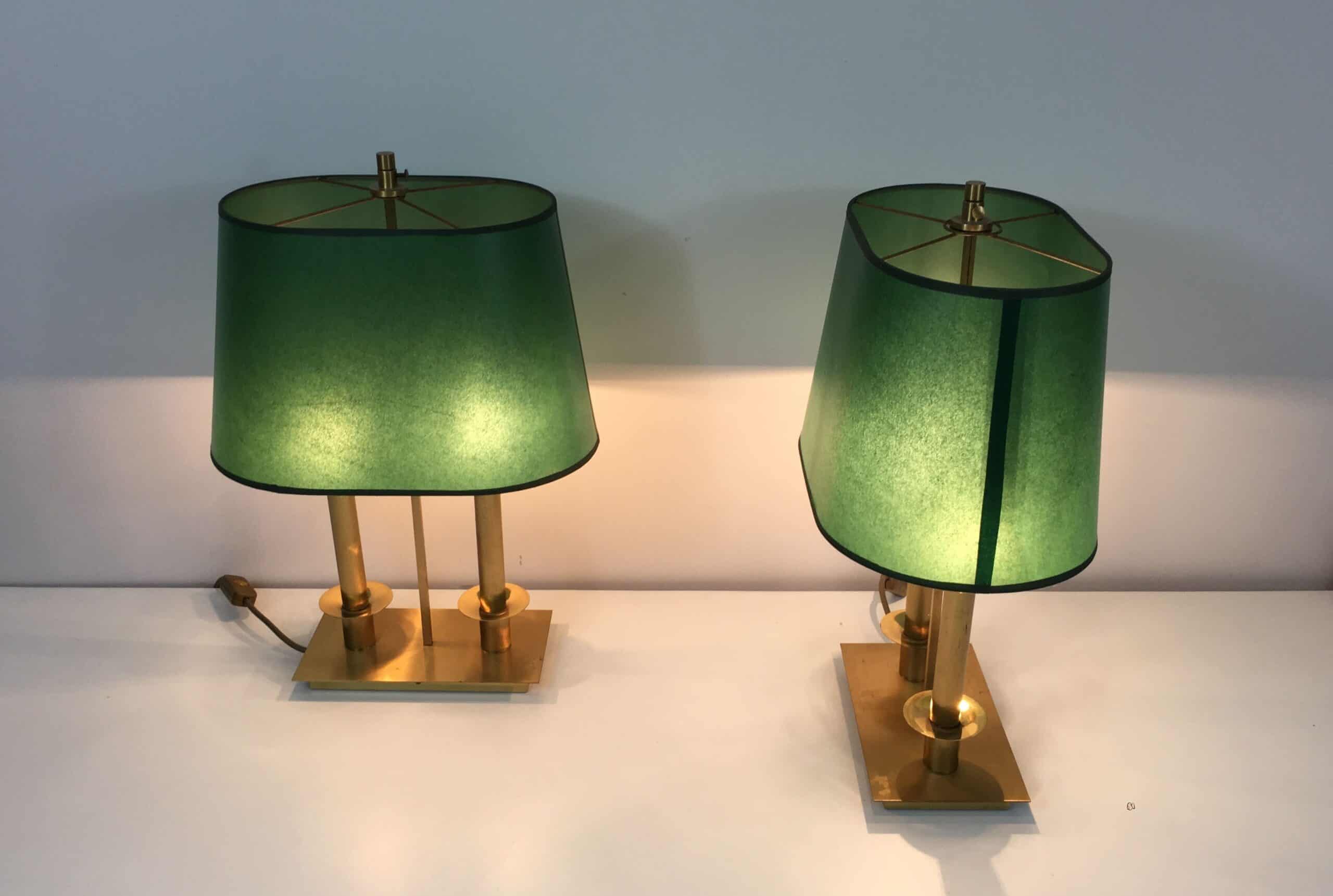Pair of French Brass Table Lamps with Green Adjustable Shades - View Seventeen - Styylish