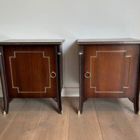 Pair of Maison Jansen Style Mahogany and Brass Side Cabinets
